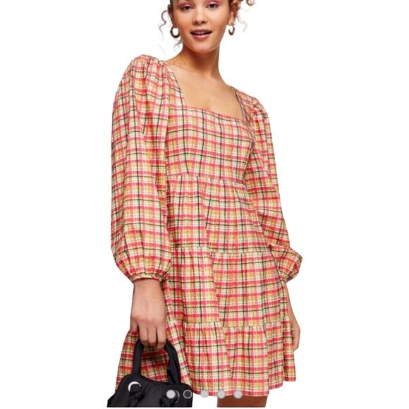 Topshop Check Plaid Smock Mini Dress Size 6 Y2K Babydoll Boho Puff Sleeve Retro - Picture 16 of 16